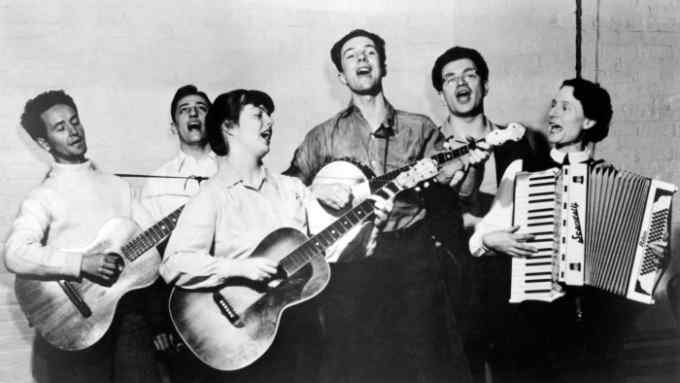 The Almanac Singers in 1942, from left, Woody Guthrie, Millard Lampell, Bess Hawes, Pete Seeger, Arthur Stern and Sis Cunningham