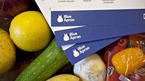 Recipe cards from a Blue Apron Holdings Inc. meal-kit delivery are arranged for a photograph in Tiskilwa, Illinois, U.S., on Wednesday, June 14, 2017. Blue Apron Holdings Inc. filed for an initial public offering in the U.S., after reportedly delaying listing preparations while it worked to improve financials. Photographer: Dan Acker/Bloomberg