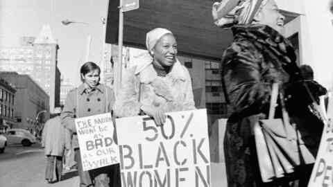 Faith Ringgold (right) and Michele Wallace (middle) protest outside New York’s Whitney Museum, 1971