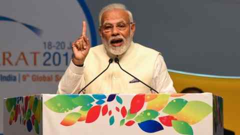 Indian Prime Minister Narendra Modi gives a speech at the Vibrant Gujarat Global Summit being held in Gandhinagar on January 18, 2019. - The Vibrant Gujarat Summit is running until January 20. (Photo by SAM PANTHAKY / AFP)SAM PANTHAKY/AFP/Getty Images
