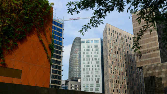 Exterior panoramic view of office buildings in the new financial district 22 @ of the Poble Nou district.In the background the Agbar Tower, new Facebook headquarters in Barcelona may 14, 2018