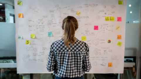 Woman sketching a business plan on a placard at a creative office