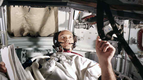Michael Collins in a command module simulator, training for the 1969 Moon landing