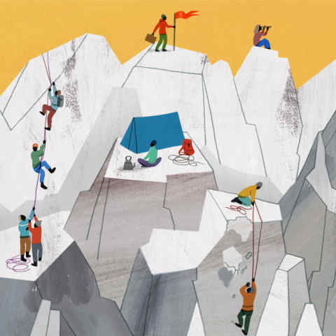 Illustration of employees climbing mountain