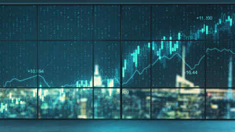 Abstract office interior with glowing forex chart and night city view. Trade and finance concept. Multiexposure