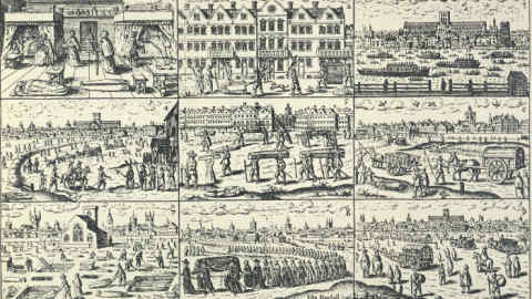 Pictorial depiction of the Great Plague, (1665?). The top left scene is in a bedchamber with a person laid out on the floor and a coffin. A scene on the middle right shows a mass grave site. In the very centre people are carrying coffins. On the bottom left graves are being dug and coffins being placed in them. In the middle of the bottom row is a funeral procession. On the bottom right is a scene of people possibly leaving London. The Great Plague struck England and especially London between 1664 and 1666, killing perhaps more than 75,000 of a total population estimated at 460,000. From a nineteenth century facsimile reproduction from a pictorial broadsheet of 1665-1666. (Photo by Museum of London/Heritage Images/Getty Images)