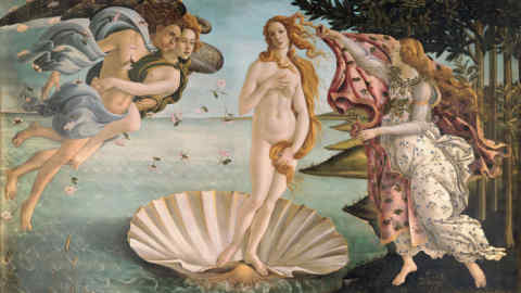 XIR412 The Birth of Venus, c.1485 (tempera on canvas) by Botticelli, Sandro (Alessandro di Mariano di Vanni Filipepi) (1444/5-1510); 172.5x278.5 cm; Galleria degli Uffizi, Florence, Tuscany, Italy; (add.info.: Venus Anadyomene, the goddess of love is born from the sea fully-grown and brought by nymphs to the Greek island of Cythereia); Italian, out of copyright.