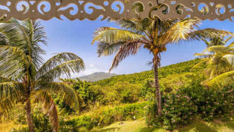 K77D2E United Kingdom, Montserrat, English-speaking Caribbean, Gingerbread Hill, view from a cottage window Gingerbread Hill. credit Alamy