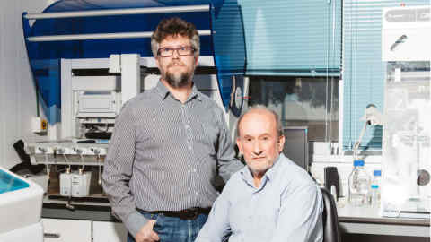 Javier Moreno (left) and Ricardo Molina at the National Microbiology Centre in Madrid