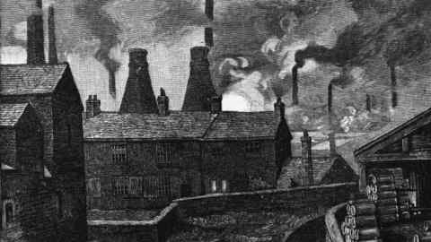 circa 1890: Smoke rising from factory chimneys over Sheffield. Original Publication: From drawing by A Morrow (Photo by Hulton Archive/Getty Images)