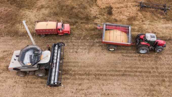 Mandatory Credit: Photo by TANNEN MAURY/EPA-EFE/Shutterstock (10504411b) An aerial photo made with a drone shows a farmer completing his soybean harvest in Lake Villa, Illinois, USA, 12 December 2019. The year has been particularly difficult on farmers with spring rains that delayed planting and an early onset of winter weather that has pushed the fall harvest into December for some farmers. Soybean harvest extends into December, Lake Villa, USA - 12 Dec 2019