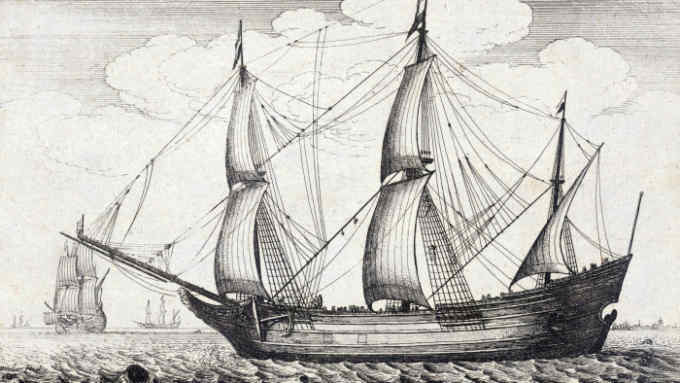 RAYEB6 Dutch Fluyt cargo vessel, etching by Bohemian etcher Wenceslaus Hollar from 1600s