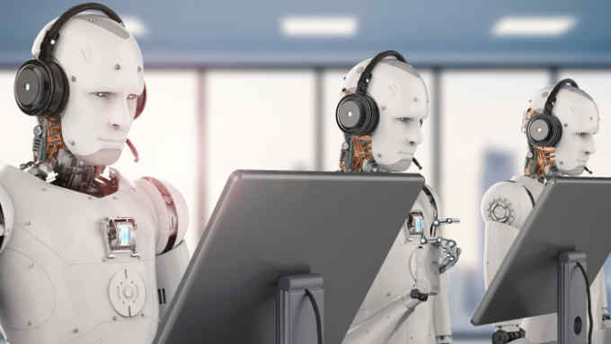3d rendering humanoid robot working with headset and monitor