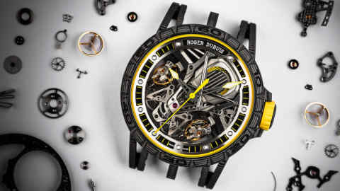 An Excalibur Aventador S Roger Dubuis wristwatch, marking a partnership with Italian motorsports manufacturer Lamborghini, is pictured alongside the 313 components that are used in the fabrication of the RD103 Duotor calibre at the Roger Dubuis manufacture in Geneva, Switzerland, Thursday, November 2, 2017. (KEYSTONE/Valentin Flauraud)