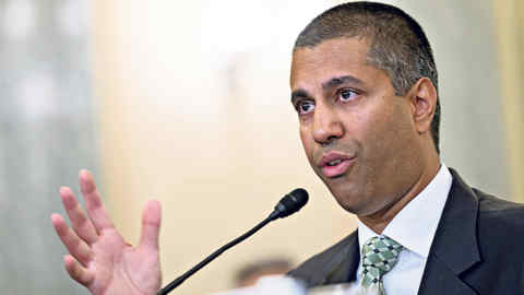Ajit Pai, chairman of the Federal Communications Commission (FCC), speaks during a Senate Commerce Committee hearing in Washington, D.C., U.S., on Thursday, Aug. 16, 2018. Pai is testifying for the first time since acknowledging that he incorrectly told lawmakers that the agency was hit by a cyberattack during the height of last year's net neutrality battle. Photographer: Andrew Harrer/Bloomberg