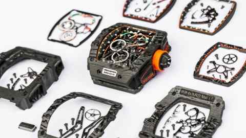 The Richard Mille McLaren RM50-03 wristwatch (model 59 of 75) and components of the PR01 prototype are pictured in Geneva, Switzerland, Thursday, August 9, 2018. (KEYSTONE/Valentin Flauraud)