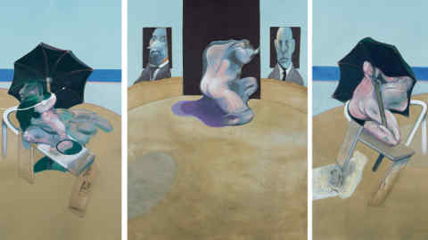 ROZ - CHECKING THESE DETAILS CH1770356 Triptych 1974-1977, 1974 (oil, pastel and Letraset on canvas, in three parts) by Bacon, Francis (1909-92); 198x442.5 cm; Private Collection; (add.info.: Triptych 1974-1977. Francis Bacon (1909-1992). Oil, pastel and Letraset on canvas, in three parts. Executed in 1974. 198 x 442.5cm.); English, in copyright PLEASE NOTE: This image is protected by the artist's copyright which needs to be cleared by you. If you require assistance in clearing permission we will be pleased to help you.
