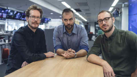 From left, journalist Hakon Hoydal, presenter Daemon Fairless and producer Chris Oke of the new 'Hunting Warhead' podcast