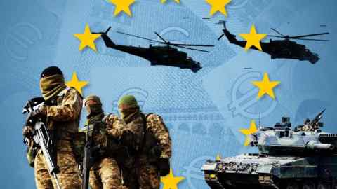 Montage of images of Ukrainian solders, a tank and helicopters against background of an EU flag with euro symbols on it