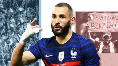 French football fans, left, Karim Benzema, centre, TV host Pierre-Antoine Damecour holds a placard welcoming French forward Karim Benzema, as he and other players arrive at the French national football team training base in Clairefontaine-en-Yvelines on May 26, 2021, right