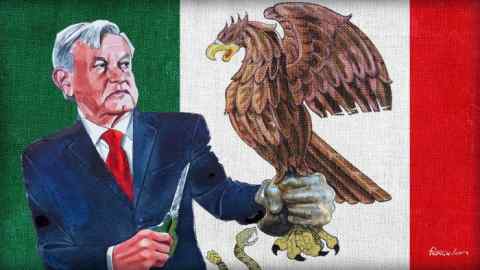 James Ferguson illustration of the Mexican president Andrés Manuel López Obrador sanding in front of the flag, He is holding the legs of the flag’s brown eagle with one hand and   scissors in the other
