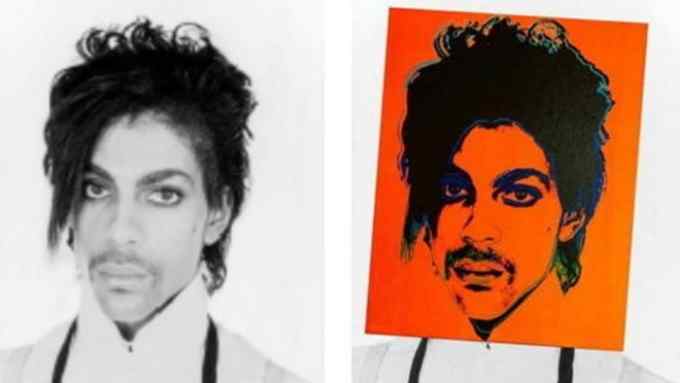 Warhol’s orange silkscreen portrait of Prince superimposed on Lynn Goldsmith’s portrait photograph