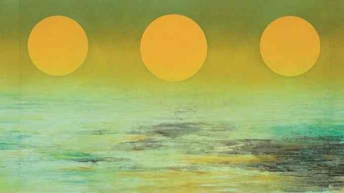 A painting in which five yellow orbs hang in the sky above abstract brush strokes that resemble a sea
