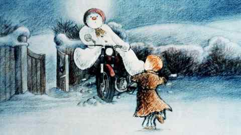 A scene from an animated film shows a snowman riding a motorbike in a snowy garden while a boy in a dressing gown and pyjamas looks on