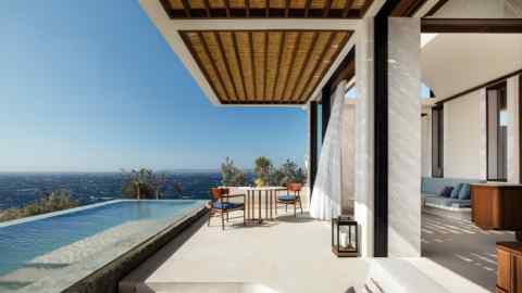 The terrace at One & Only Aesthesis on the Athens riviera