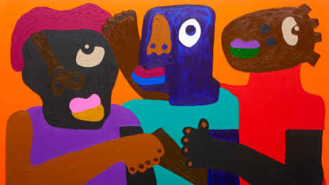 Bright painting of three figures in large colourful blocks