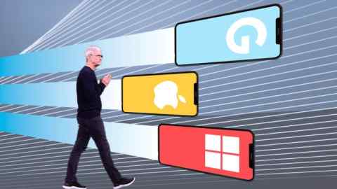 Montage of images of Tim Cook, and a three iPhone screens in the background with the logos of Google, Apple and Windows respectively
