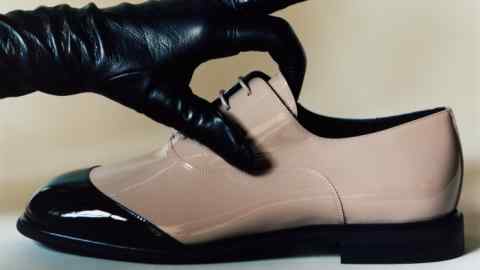 Giorgio Armani patent leather Oxford lace-up shoes, £790. Max Mara leather gloves, £375