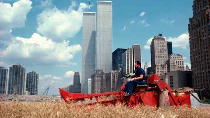 A middle-aged man dressed in navy blue workwear drives a red reaper in a wheatfield against NYC’s sunny skyline