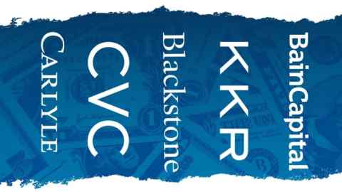 A montage of the logos of Carlyle, CVC, Blackstone, KKR and Bain Capital