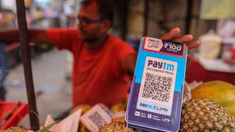 A QR code for the Paytm digital payment system at a store in Mumbai, India