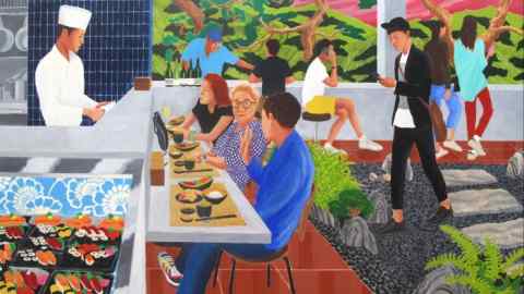 Bright painting of people sitting at the counter in a sushi restaurant