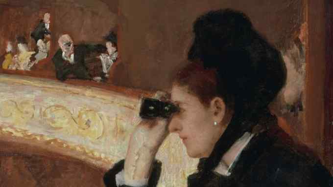 An oil painting of a smartly-dressed woman peering through binoculars