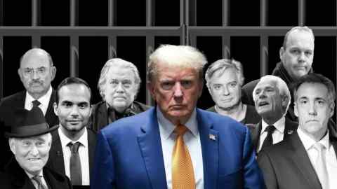 Trump and various associates shown standing in front of prison bars