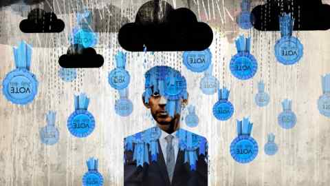 Jonathan McHugh illustration of black clouds over Rishi Sunak’s head as blue election rosettes with the message ‘Vote July 4th’ rain down on him