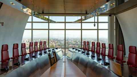 The boardroom table in the boardroom of UniCredit at the company’s headquarters in Milan,