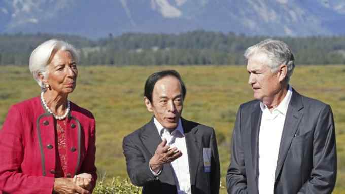 Bank of Japan Governor Kazuo Ueda chats with US Federal Reserve Chair Jay Powell and European Central Bank president Christine Lagarde