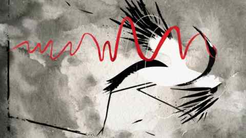 Ann Kiernan illustration of a red cap crane bird  running down the line of a graph with its head turned back, holding a red ribbon in its beak that waves back at the vertical line of a graph