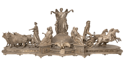 a silver-plated bronze table centerpiece in the shape of angels, persons and animals