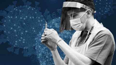 A montage showing the Sars-Cov-2 virus and a health worker holding a syringe