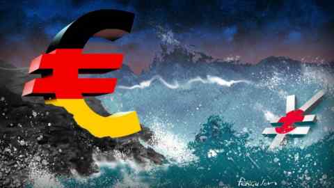 James Ferguson illustration of a euro symbol in the colours of the German flag, on the edge of a cliff, and the yen symbol depicted as the Japanese flag afloat in stormy seas