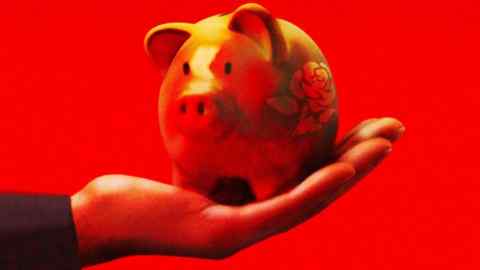 Ewan White illustration of a hand holding a piggy bank, with a red background.