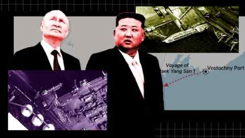Montage of Vladimir Putin, Kim Jong Un and satellite images