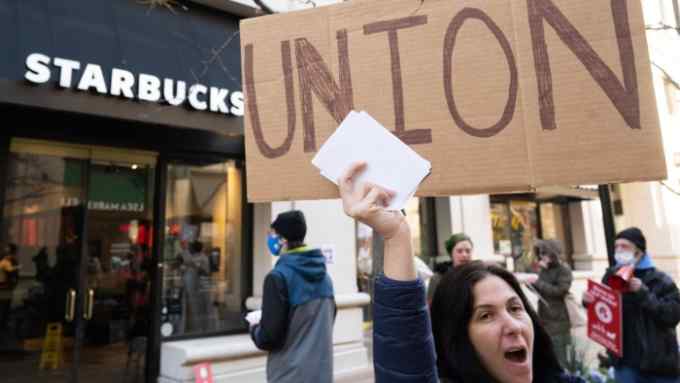 Union supporters outside a Starbucks store