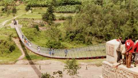 A rural bridge across a riverbed in Rwanda