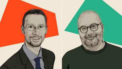 Leonie Woods illustration of Martin Sandbu and Branko Milanovic for the Economist Exchange featuring conversations between top FT commentators and leading economists